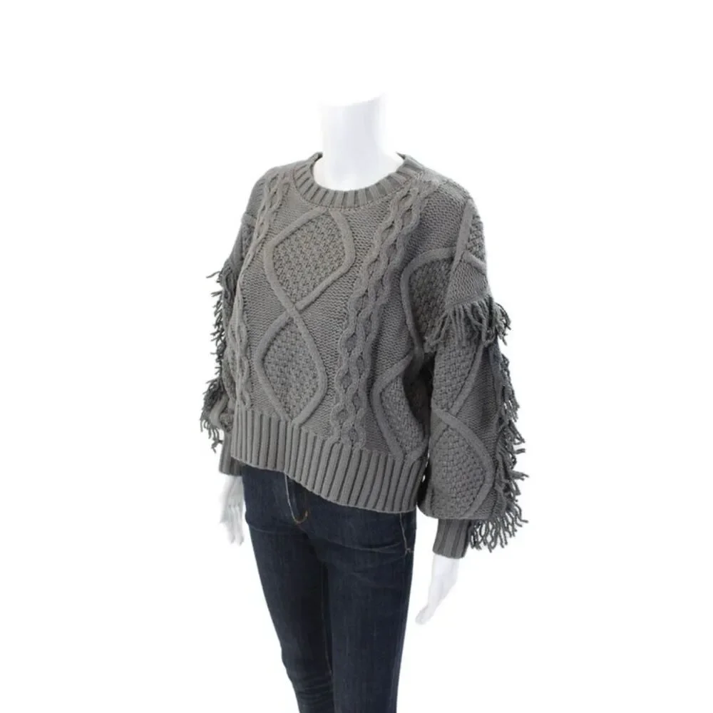 Line And Dot Womens Chunky Knit Crew Neck Fringe Cropped Sweater Gray Cotton XS